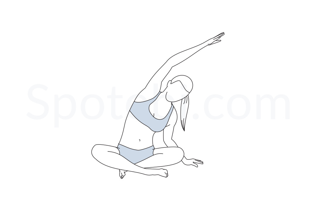 Seated side bend pose (Parsva Sukhasana) instructions, illustration and mindfulness practice. Learn about preparatory, complementary and follow-up poses, and discover all health benefits. https://www.spotebi.com/exercise-guide/parsva-sukhasana/