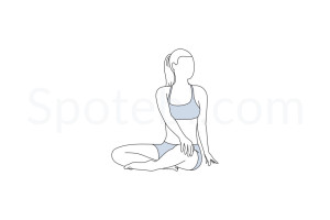 Seated spinal twist pose (Parivrtta Sukhasana) instructions, illustration and mindfulness practice. Learn about preparatory, complementary and follow-up poses, and discover all health benefits. https://www.spotebi.com/exercise-guide/parivrtta-sukhasana/