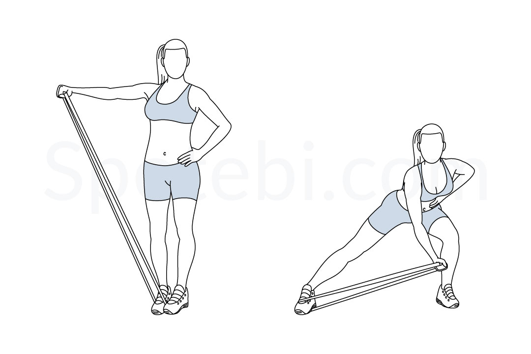 Side lunge band lateral raise exercise guide with instructions, demonstration, calories burned and muscles worked. Learn proper form, discover all health benefits and choose a workout. https://www.spotebi.com/exercise-guide/side-lunge-band-lateral-raise/
