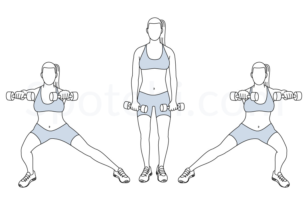 Side lunge front raise exercise guide with instructions, demonstration, calories burned and muscles worked. Learn proper form, discover all health benefits and choose a workout. https://www.spotebi.com/exercise-guide/side-lunge-front-raise/