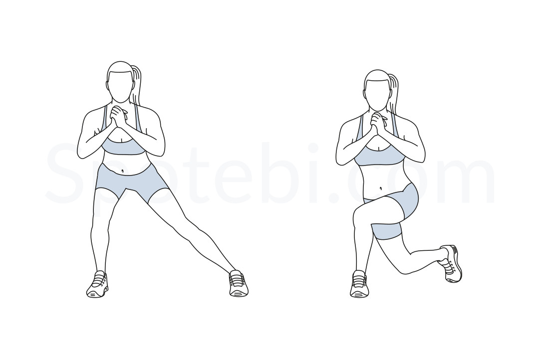 Side lunge to curtsy lunge exercise guide with instructions, demonstration, calories burned and muscles worked. Learn proper form, discover all health benefits and choose a workout. https://www.spotebi.com/exercise-guide/side-lunge-to-curtsy-lunge/