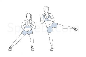 Side lunge to leg lift exercise guide with instructions, demonstration, calories burned and muscles worked. Learn proper form, discover all health benefits and choose a workout. https://www.spotebi.com/exercise-guide/side-lunge-to-leg-lift/