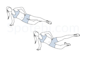 Side plank hip abduction exercise guide with instructions, demonstration, calories burned and muscles worked. Learn proper form, discover all health benefits and choose a workout. https://www.spotebi.com/exercise-guide/side-plank-hip-abduction/