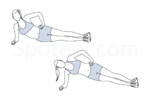 Side plank hip lifts exercise guide with instructions, demonstration, calories burned and muscles worked. Learn proper form, discover all health benefits and choose a workout. https://www.spotebi.com/exercise-guide/side-plank-hip-lifts/