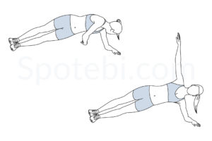 Side plank rotation exercise guide with instructions, demonstration, calories burned and muscles worked. Learn proper form, discover all health benefits and choose a workout. https://www.spotebi.com/exercise-guide/side-plank-rotation/