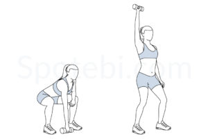 Single arm dumbbell snatch exercise guide with instructions, demonstration, calories burned and muscles worked. Learn proper form, discover all health benefits and choose a workout. https://www.spotebi.com/exercise-guide/single-arm-dumbbell-snatch/