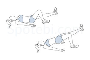 Single leg bridge exercise guide with instructions, demonstration, calories burned and muscles worked. Learn proper form, discover all health benefits and choose a workout. https://www.spotebi.com/exercise-guide/single-leg-bridge/