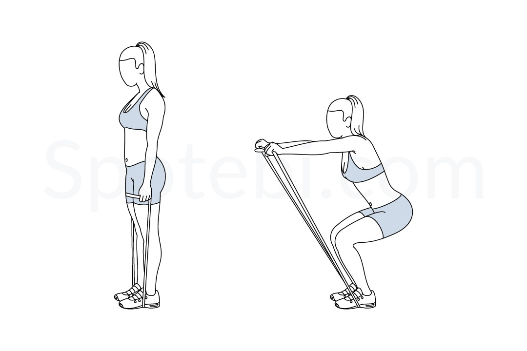 Squat band front raise exercise guide with instructions, demonstration, calories burned and muscles worked. Learn proper form, discover all health benefits and choose a workout. https://www.spotebi.com/exercise-guide/squat-band-front-raise/