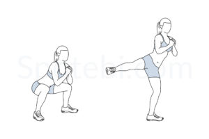 Squat side kick exercise guide with instructions, demonstration, calories burned and muscles worked. Learn proper form, discover all health benefits and choose a workout. https://www.spotebi.com/exercise-guide/squat-side-kick/