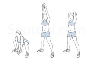 Squat with overhead tricep extension exercise guide with instructions, demonstration, calories burned and muscles worked. Learn proper form, discover all health benefits and choose a workout. https://www.spotebi.com/exercise-guide/squat-overhead-tricep-extension/