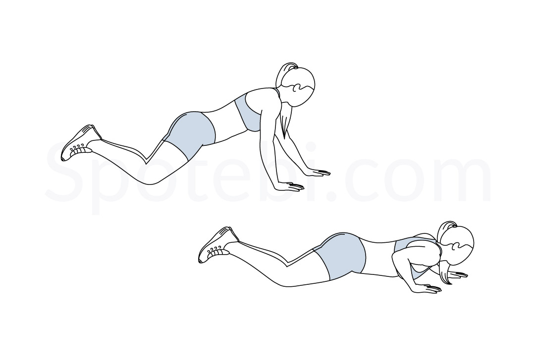 Staggered arm knee push up exercise guide with instructions, demonstration, calories burned and muscles worked. Learn proper form, discover all health benefits and choose a workout. https://www.spotebi.com/exercise-guide/staggered-arm-knee-push-up/