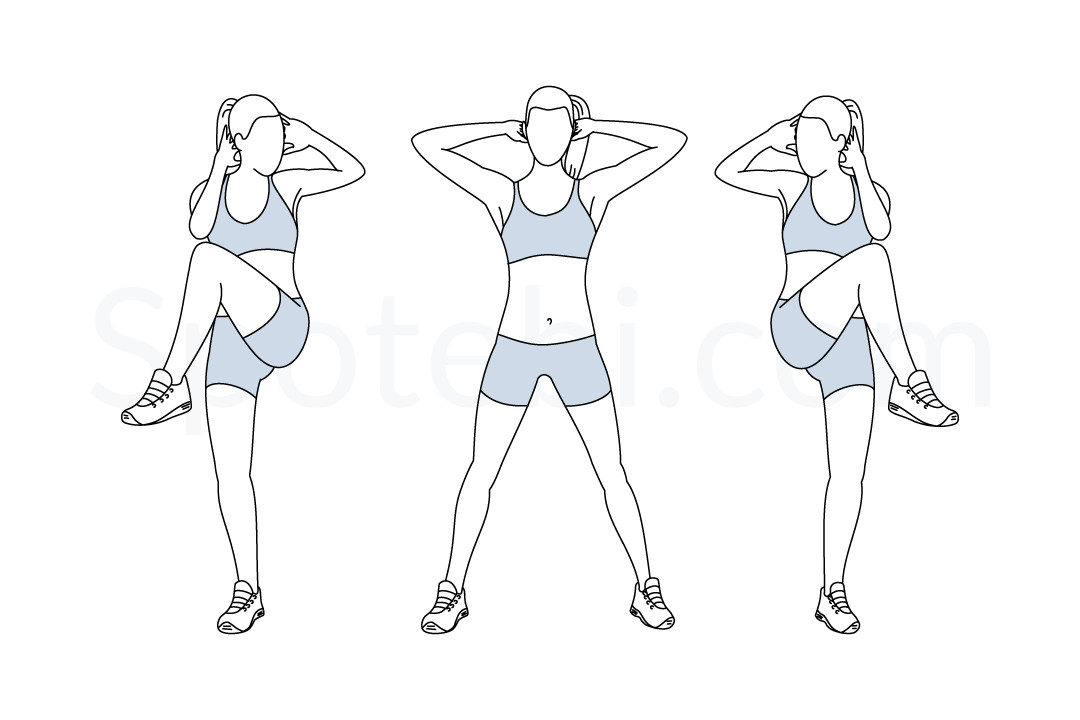 Standing criss cross crunches exercise guide with instructions, demonstration, calories burned and muscles worked. Learn proper form, discover all health benefits and choose a workout. https://www.spotebi.com/exercise-guide/standing-criss-cross-crunches/