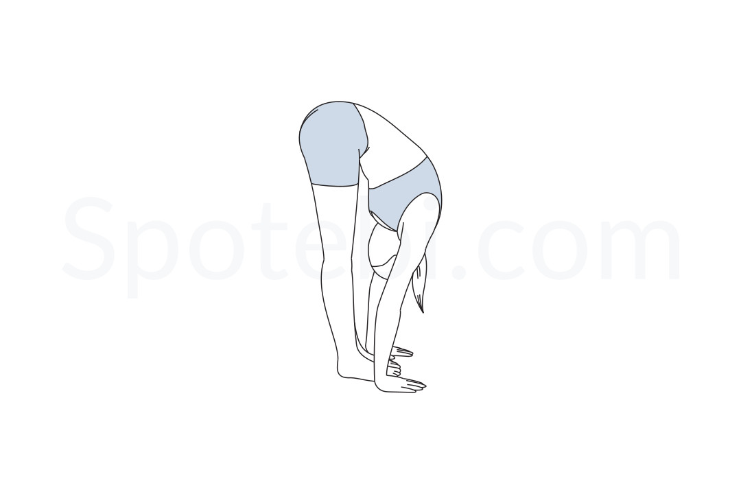 Standing forward bend pose (Uttanasana) instructions, illustration and mindfulness practice. Learn about preparatory, complementary and follow-up poses, and discover all health benefits.