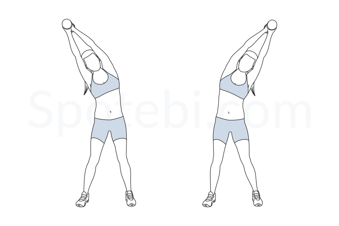 Standing side bend exercise guide with instructions, demonstration, calories burned and muscles worked. Learn proper form, discover all health benefits and choose a workout. https://www.spotebi.com/exercise-guide/standing-side-bend/