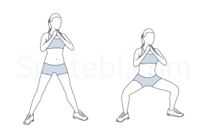 Sumo squat exercise guide with instructions, demonstration, calories burned and muscles worked. Learn proper form, discover all health benefits and choose a workout. https://www.spotebi.com/exercise-guide/sumo-squat/