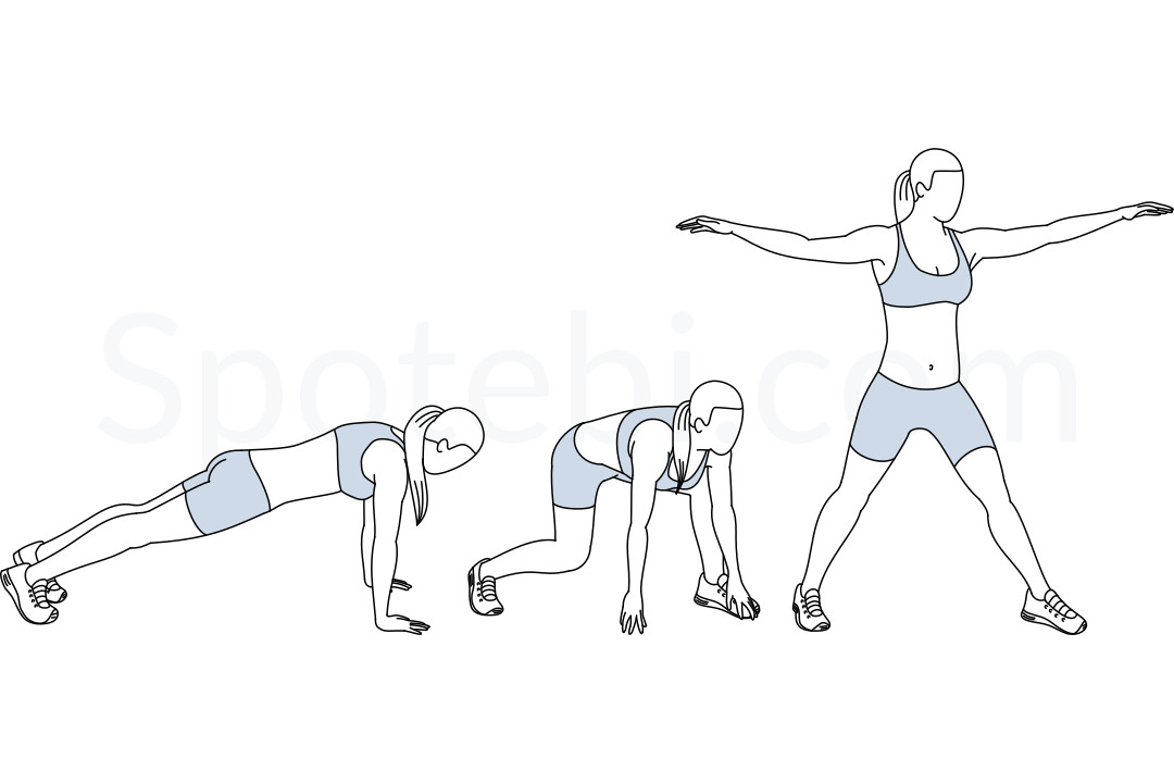 Surfer burpees exercise guide with instructions, demonstration, calories burned and muscles worked. Learn proper form, discover all health benefits and choose a workout. https://www.spotebi.com/exercise-guide/surfer-burpees/