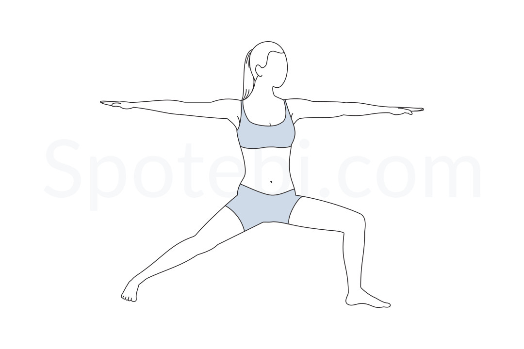 Warrior II pose (Virabhadrasana II) instructions, illustration and mindfulness practice. Learn about preparatory, complementary and follow-up poses, and discover all health benefits. https://www.spotebi.com/exercise-guide/warrior-ii-pose/