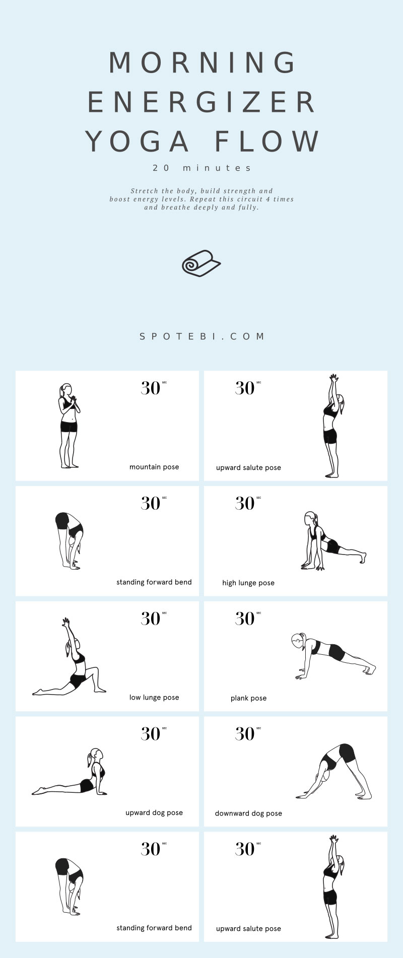 Stretch the entire front and back of your body, build strength and boost energy levels with this 20-minute Full Body Energizing Flow. A morning yoga routine that gives you the amount of stretch and focus you need, to have a calm and productive day. https://www.spotebi.com/yoga-sequences/morning-energizer/